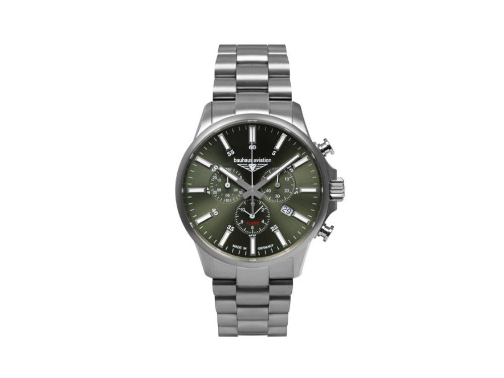 Bauhaus Aviation Quartz Watch, Titanium, Green, 42 mm, Chronograph, Day, 2880M-4