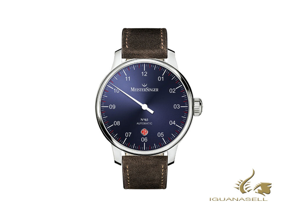 Meistersinger N3 - 40 mm Automatic Watch, Blue, 40mm, Cognac, Day, DM908-SV02