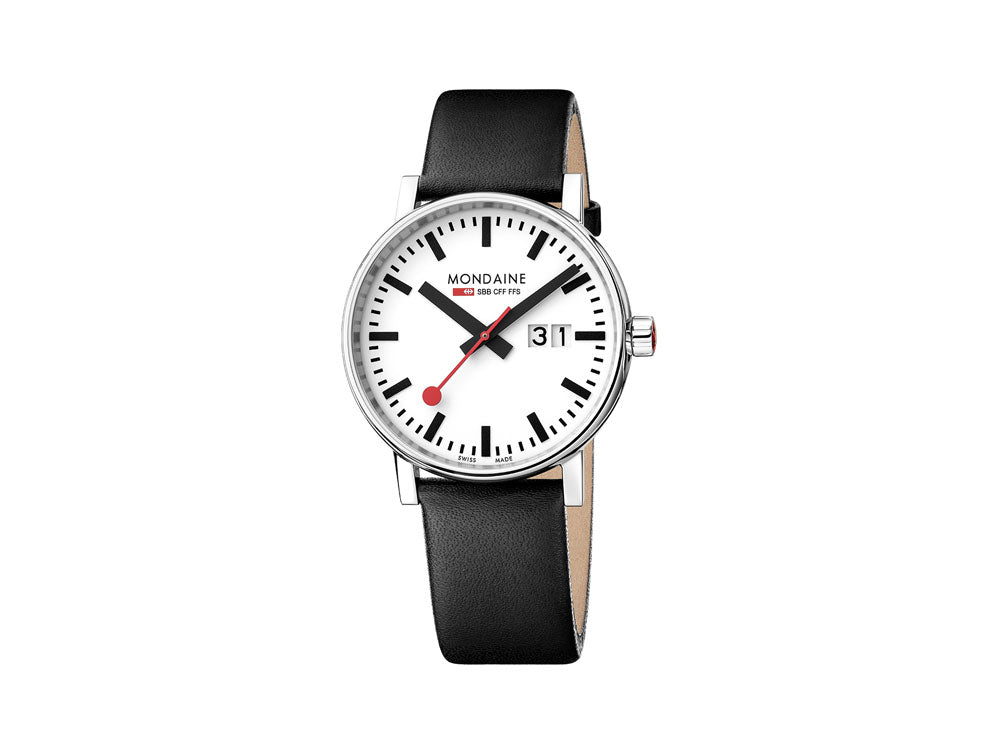 Mondaine SBB Evo2 Big Quartz Watch, White, 40 mm, Day, Leather, MSE.40210.LB