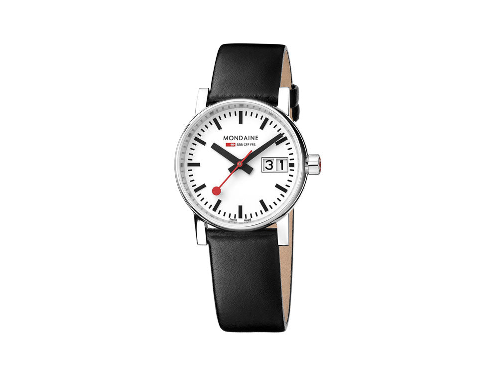 Mondaine SBB Evo2 Quartz Watch, White, 30mm, Day, Leather strap, MSE.30210.LB