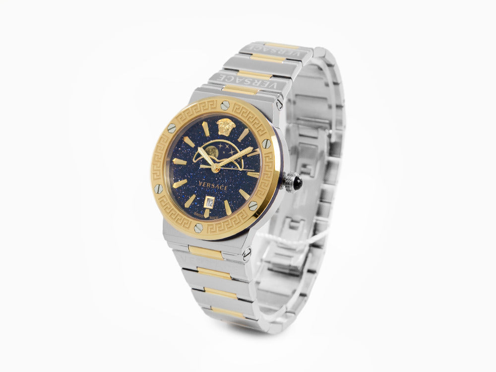 Versace Greca Logo Moonphase Quartz Watch, PVD Gold, Blue, 38 mm 