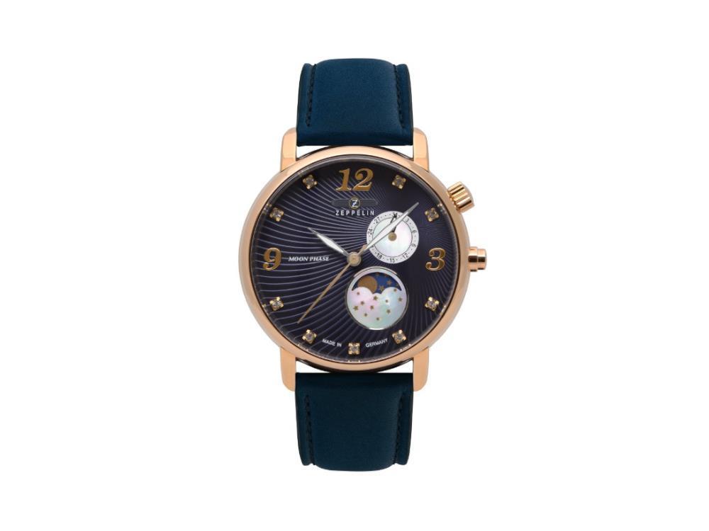 Zeppelin Zeppelin Luna Quartz Watch, PVD Gold, Blue, 35 mm, Day, Yes, 7639-3