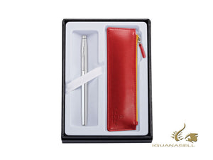 Cross Calais Ballpoint pen & Red Leather Case Set, Chrome, AT0112-16/Z3